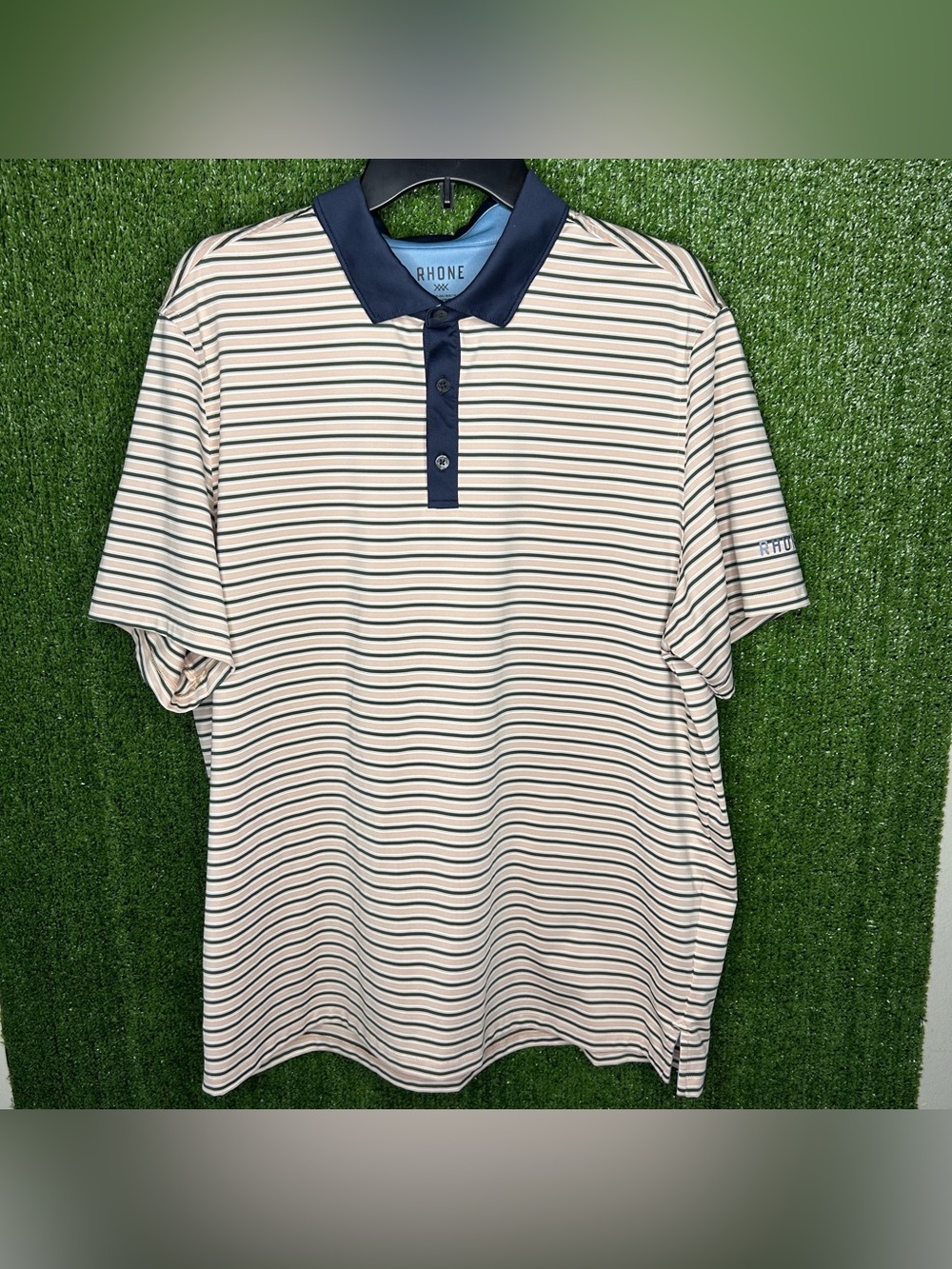 Rhone Polo Shirt Mens XL Pink Blue Striped Performance Golf Casual C22